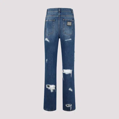 Dolce & Gabbana Distressed Jeans With Leo Print In Blue