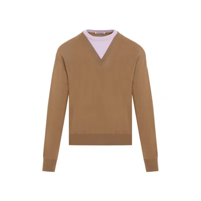 Jil Sander Brown And Lillac Double-neck Sweater In Wool Man In Beige