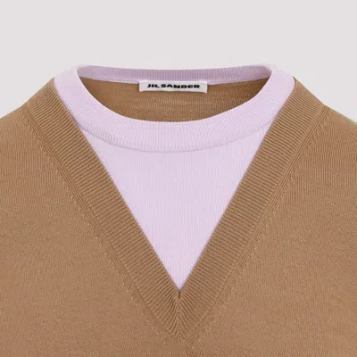 Jil Sander Brown And Lillac Double-neck Sweater In Wool Man In Beige