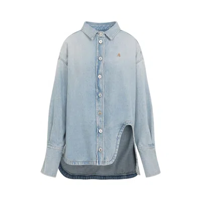 Attico Long-sleeved Denim Shirt With Shaped Slit In Blue