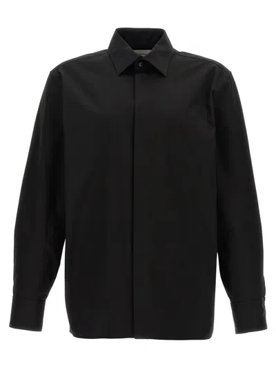 Saint Laurent Logo Print Silk Shirt In Black