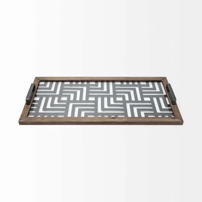 Homezia Grey Metal Glasss Top With Maze Like Pattern Tray In Multi