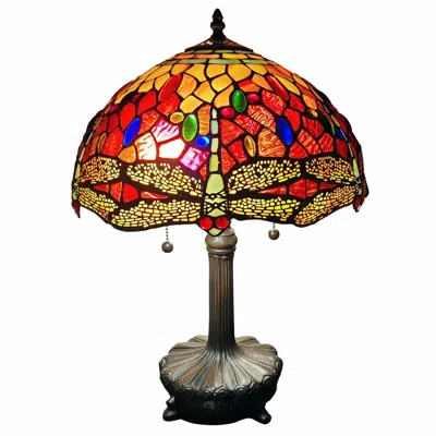 Homezia 22" Dark Brown Metal Two Light Candlestick Table Lamp With Red And Black Shade