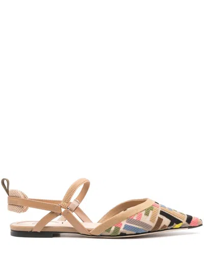 Shop Fendi Pointed Toe Slingback Flats In Tan