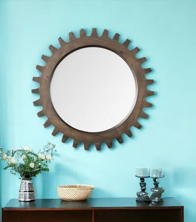 Homezia 26" Round Natural Wood Frame Wall Mirror