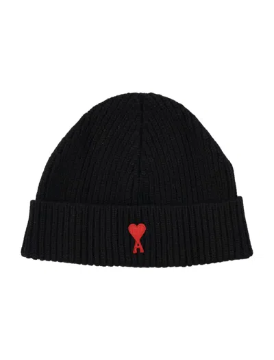 Shop Ami Alexandre Mattiussi Ami Paris Beanie Ami De Coeur In Black Red