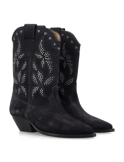 Isabel Marant Duerto Studded Suede Cowboy Boots In Faded Black Silver