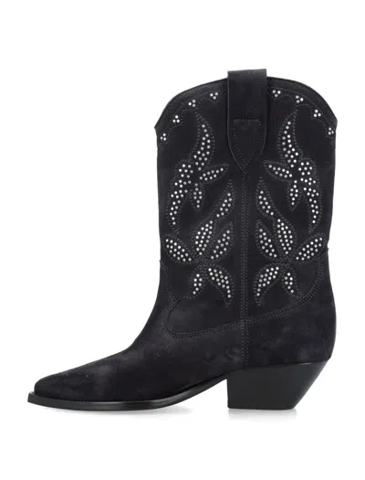 Isabel Marant Duerto Studded Suede Cowboy Boots In Faded Black Silver