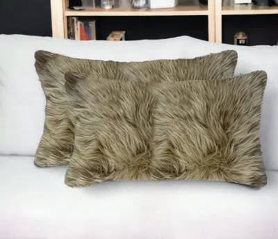Homezia Set Of Two 12" X 20" Taupe Cowhide Throw Pillow