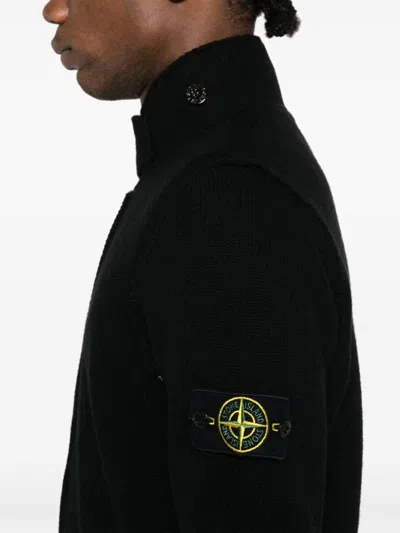 Shop Stone Island Logo Wool Cardigan In Black