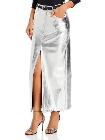 Line & Dot Tinsley Womens Vegan Leather Long Denim Skirt In Silver