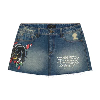 Ed Hardy Women's Panther Dagger Denim Mini Skirt In Medium Wash In Multi