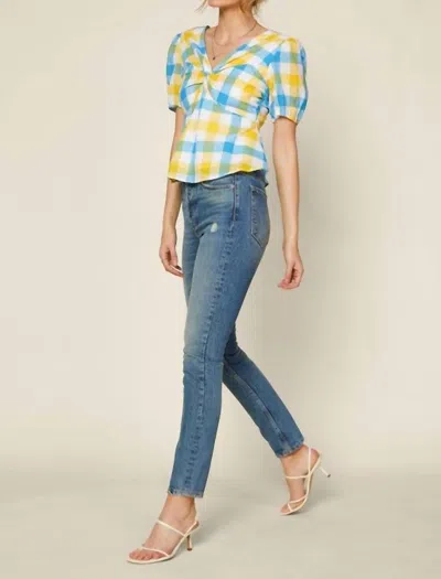 Skies Are Blue Gingham Peplum Blouse In Yellow, Blue And White In Multi