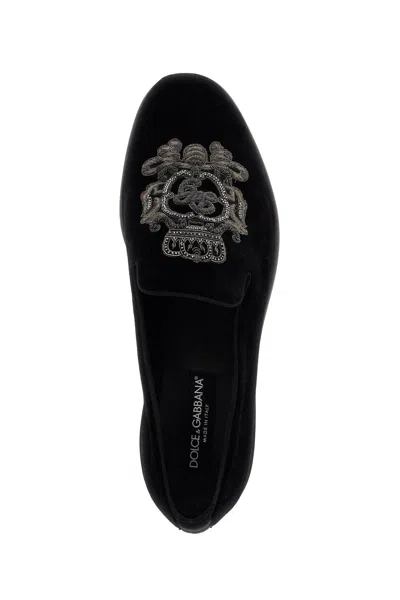 Shop Dolce & Gabbana Embroidered Velvet Loafers