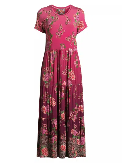 Johnny Was Tiered Cap Sleeve Dress In Pink Lace Scarf Print In Pink