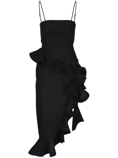 Zimmermann Asymmetric Ruffled Linen Midi Dress In Black
