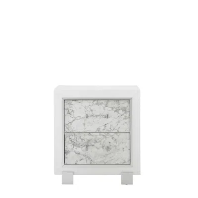 Homezia Modern White Nightstand With 2 Faux Marble Detailed Front Drawer.