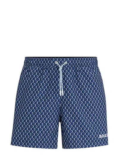Hugo Boss Micro-print Quick-drying Swim Shorts With Logo Detail In Blue