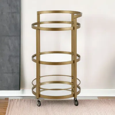 Homezia Brass Steel And Glass Round Rolling Bar Cart