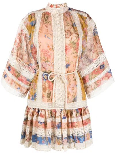 Zimmermann Crochet-trimmed Floral-print Cotton Mini Dress In Multi