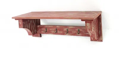 Homezia 8 X 30 X 9.75 Red Vintage Wooden 4 Metal Hooks - Wall Shelf