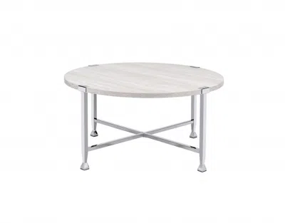 Homezia 36" Chrome And White Oak Round Coffee Table