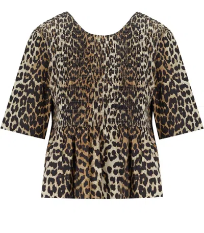 Shop Ganni Smock Blouse Leopard Print In Brown