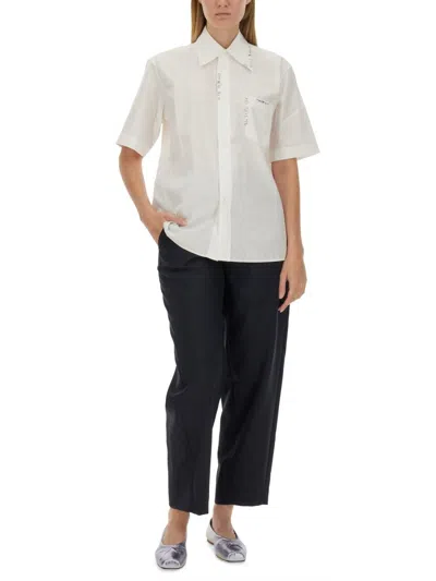 Marni Short Sleeves Cotton Poplin Shirt With Embroidered Chest Pocket In White