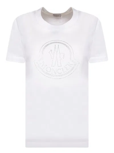 Moncler Women White Cotton Rhinestone Logo T-shirt In White