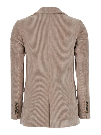 Plain Beige Double-breasted Jacket With Peak Revers In Courduroy In Beige