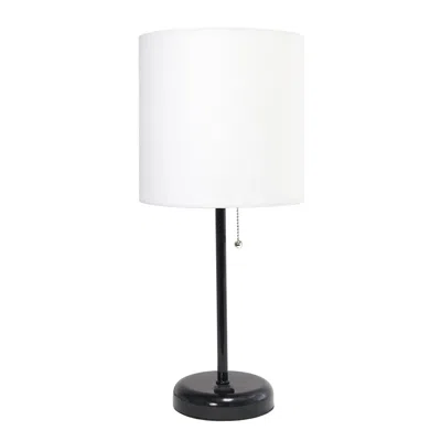 Simple Designs 19.5" Black Stick Table Desk Lamp With Charging Outlet And Drum Fabric Shade