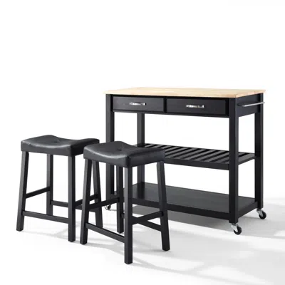 Crosley Furniture Wood Top Kitchen Prep Cart W/uph Saddle Stools Black/natural - Kitchen Island & 2 Counter Stools