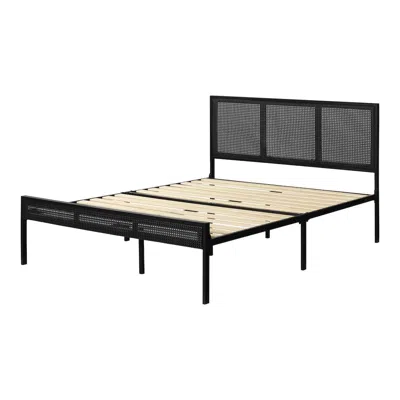 South Shore Furniture Hoya Metal Platform Bed With Natural Cane, Pure Black
