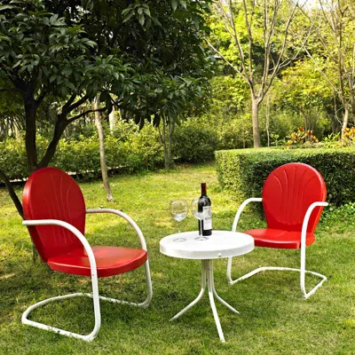 Crosley Furniture Griffith 3pc Outdoor Metal Armchair Set Bright Red Gloss/white Satin - Side Table & 2 Chairs