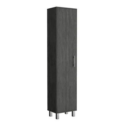 DEPOT E-SHOP NARROW STORAGE CABINET WITH 5-TIER SHELF AND BROOM HANGERS, SMOKEY OAK -GARAGE 