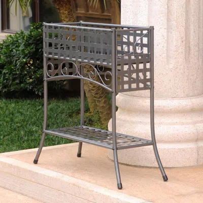 International Caravan Mandalay Rectangular Iron Plant Stand, Hammered Pewter