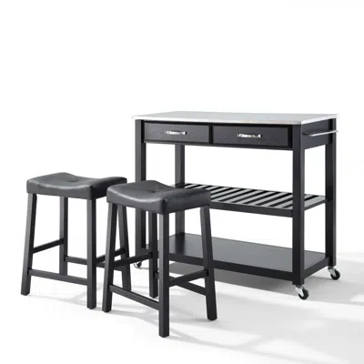 Crosley Furniture Stainless Steel Top Kitchen Prep Cart W/uph Saddle Stools Black/stainless Steel - Kitchen Island & 2