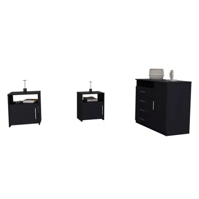 DEPOT E-SHOP SOLON 3 PIECE BEDROOM SET, RIOJA 4 DRAWER DRESSER + 2 OMAHA NIGHTSTANDS, BLACK 