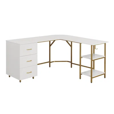 Techni Mobili L-shape Home Office Two-tone Desk With Storage, Gold