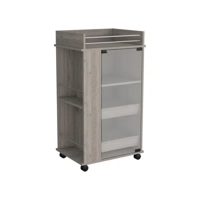 DEPOT E-SHOP LANSING BAR CART WITH GLASS DOOR, 2-SIDE SHELVES AND CASTERS, LIGHT GRAY 