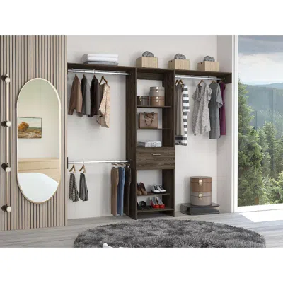 Depot E-shop Brisk Closet System, One Drawer, Three Metal Rods, Five Open Shelves-dark Walnut, For B