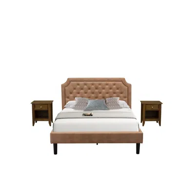 East West Furniture Gb28q-2ga08 3-pc Bedroom Set With An Upholstered Bed And 2 Antique Walnut Small Nightstands - Brown 