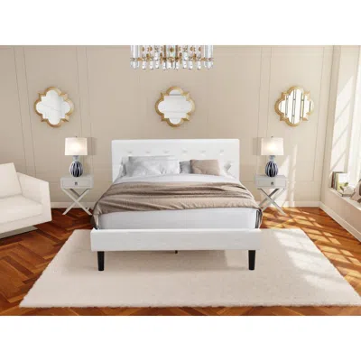 East West Furniture Nl19q-2ha14 3 Pc Bed Set - 1 Queen Bed White Velvet Fabric Headboard And 2 Mid Century Nightstand - 