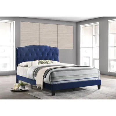 Best Quality Furniture Navy Velvet Uph. Panel Bed With Silver Nailhead - Full
