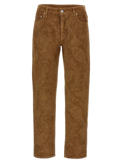 Etro Velvet Trousers Featuring Paisley Pattern In Brown