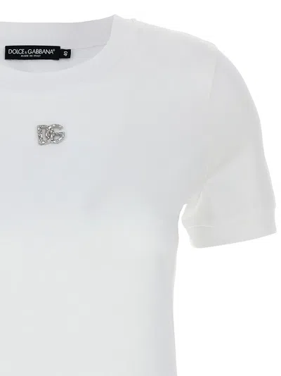 Dolce & Gabbana White T-shirt With Dg Logo On The Front Finished With Rhinestones In Cotton Woman In White