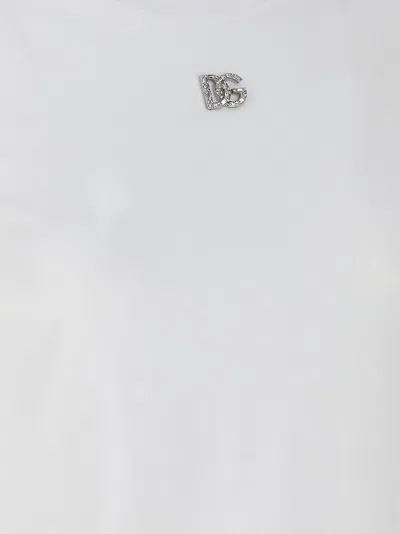 Dolce & Gabbana White T-shirt With Dg Logo On The Front Finished With Rhinestones In White