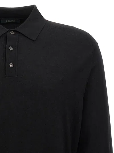 Zanone Wool Knit Polo Shirt With Cuffed Sleeves And Subtle Ribbing In Black