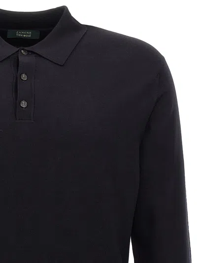Zanone Wool Knit Polo Shirt With Cuffed Sleeves And Subtle Ribbing In Blue