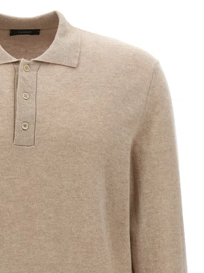 Zanone Cashmere Blend Long Sleeve Polo Shirt With Classic Collar In Beige